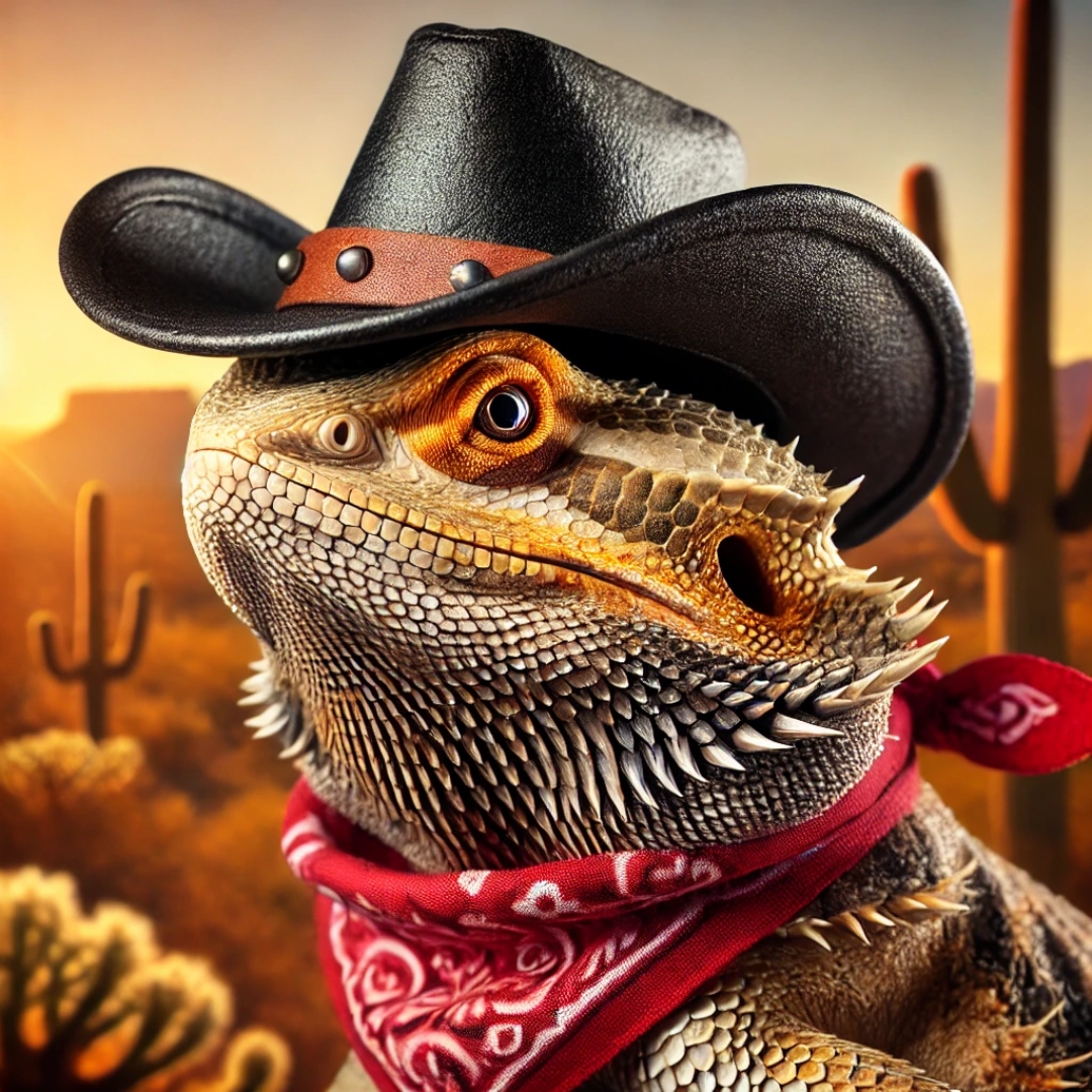 AI-generated image of a bearded dragon wearing a cowboy hat and bandana, with a desert background